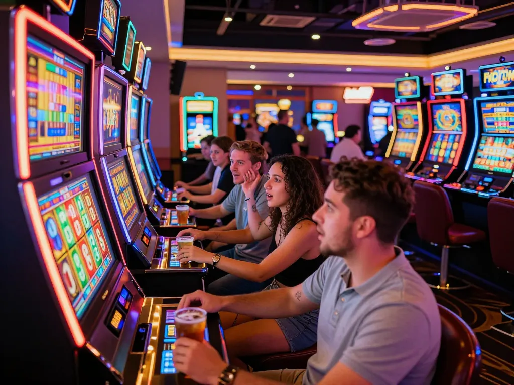 Players spinning slot machines at a vibrant casino, experiencing the thrill of ku win.