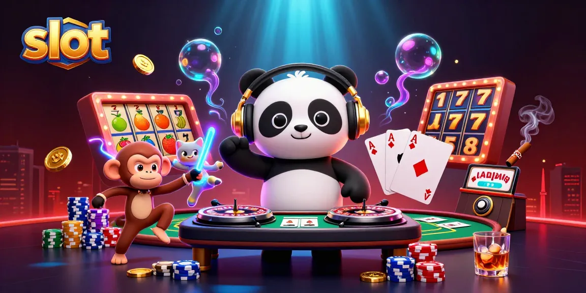 Menangkan slot dengan DJ panda berkonsep kasino, simbol buah, dan suasana pesta menari.
