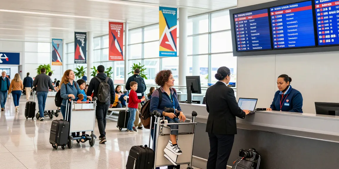 Travelers engaging at airport terminal with screens displaying AA 88 flight information.