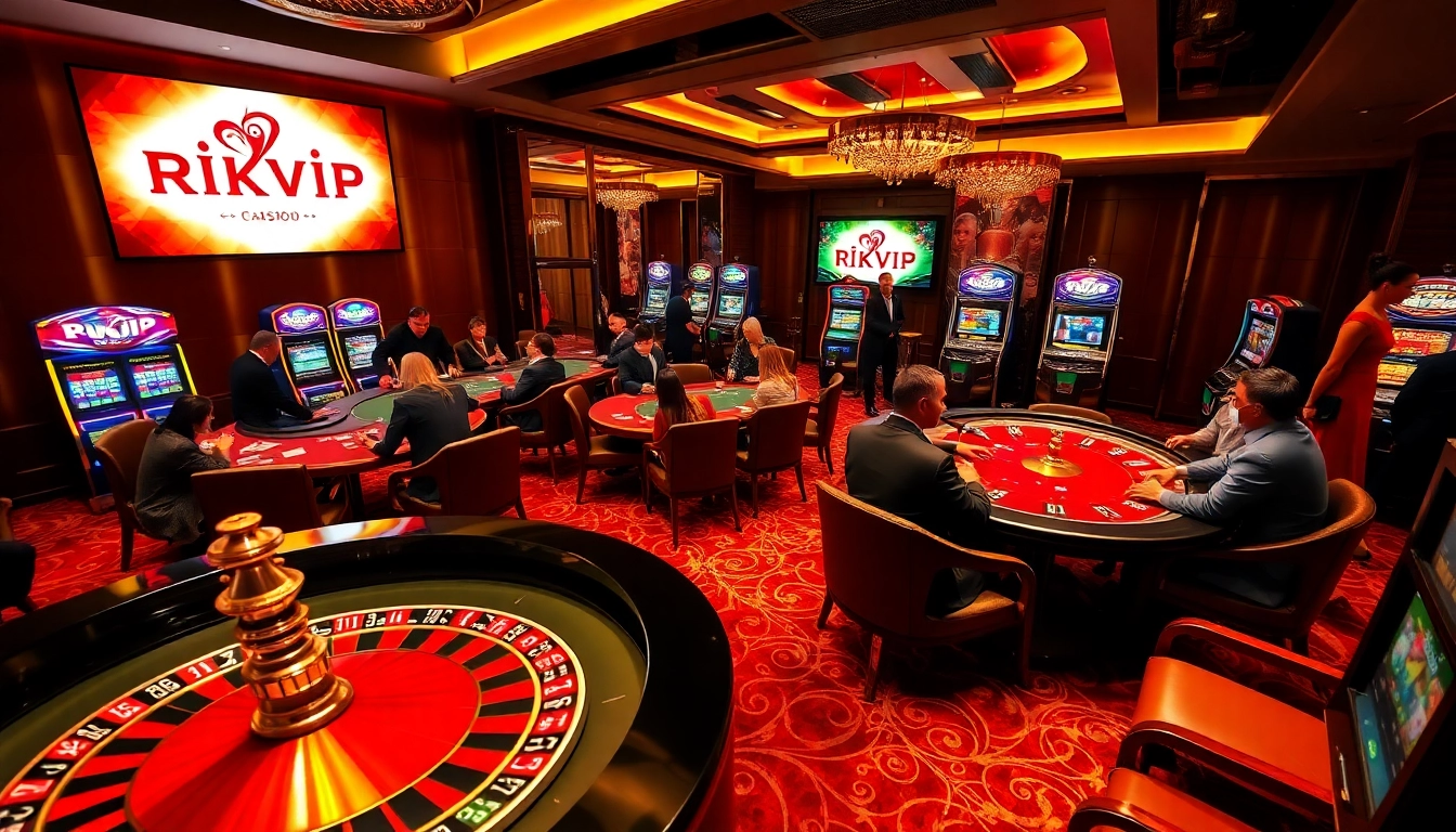Rikvip players experiencing thrilling action at a luxurious casino table with vibrant games.