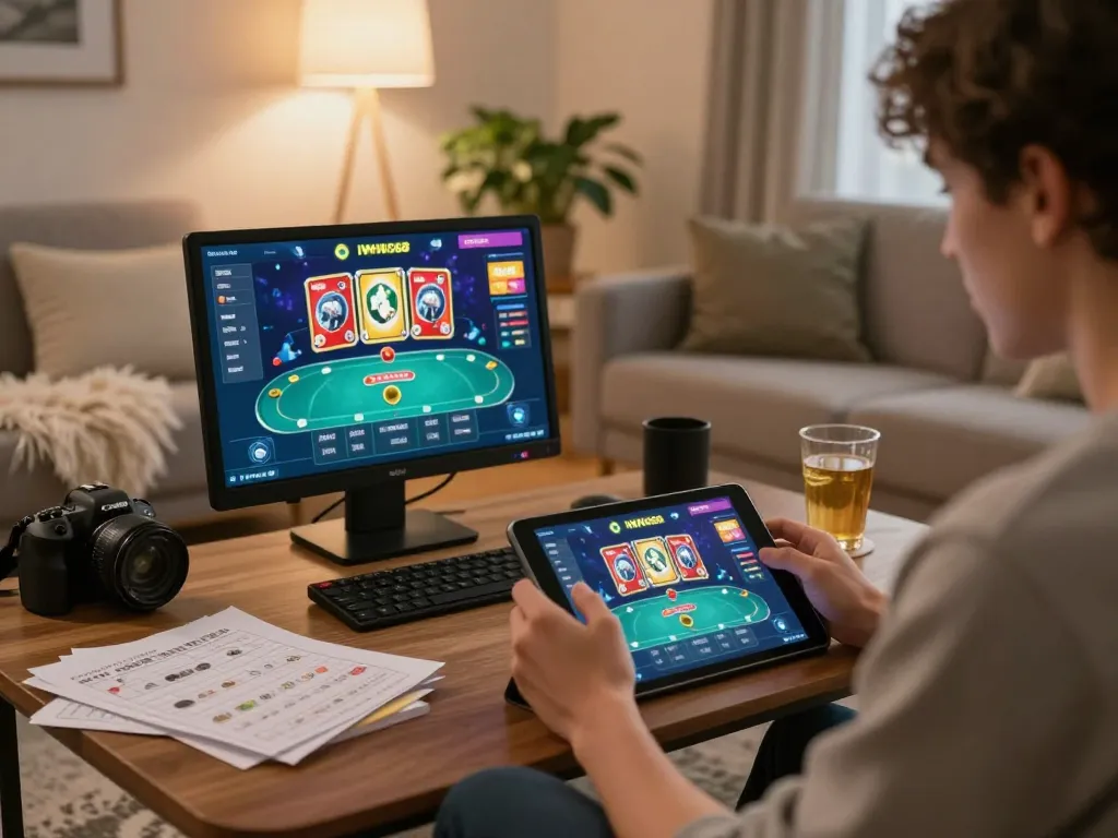 Engaging user playing IWIN68 in a cozy home setting, showcasing online gaming strategy.