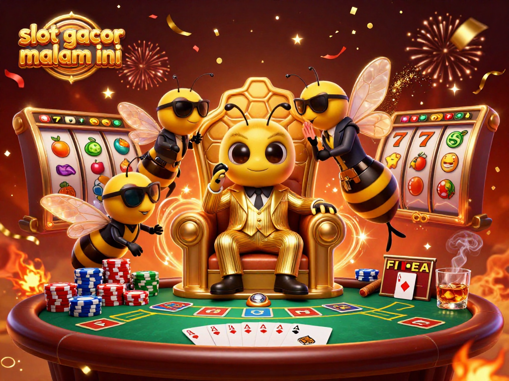 A vibrant scene showcasing slot gacor malam ini with a bumblebee mob boss, wasp bodyguards, and a butterfly informant amidst slot reels and poker elements.