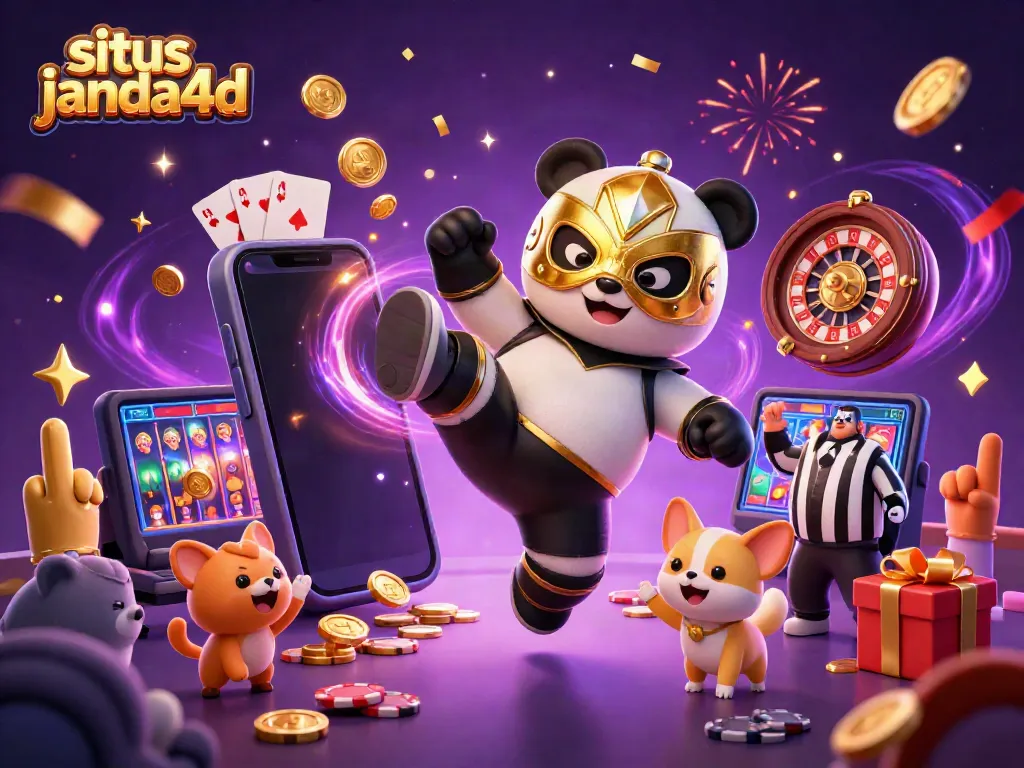 Permainan situs janda4d dengan panda pegulat terbang, penuh elemen slot dan koin emas
