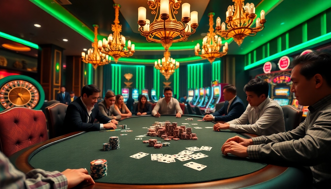 Players engaging in a thrilling poker game at hm88, showcasing excitement and high stakes.
