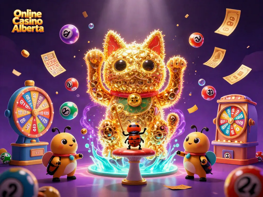Experience the excitement of Online Casino Alberta with a vibrant lucky cat scene and dynamic gambling elements.