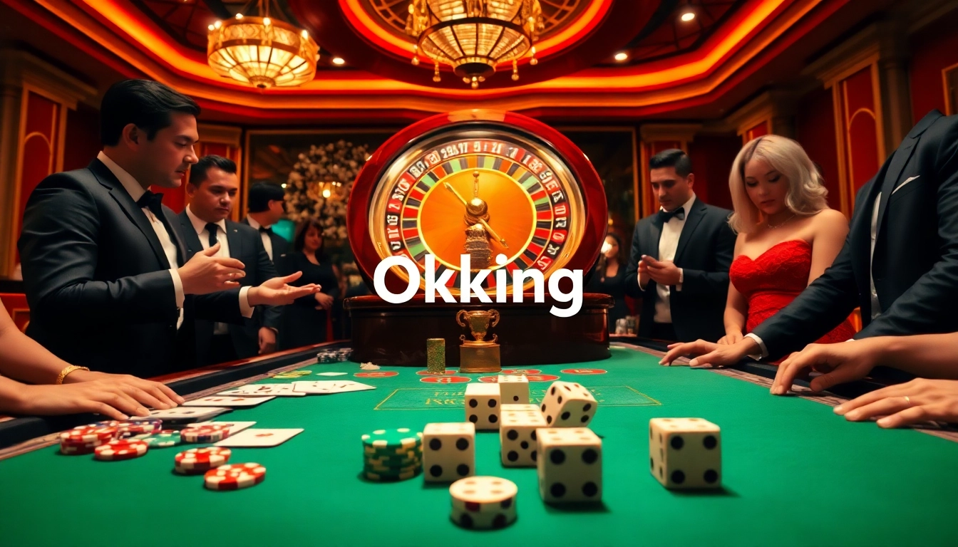 Players enjoying an exciting casino game at Okking's luxurious tables, showcasing poker chips and cards.