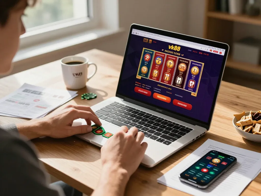 Person placing bets on vk88 online casino from home setup with laptop and smartphone.