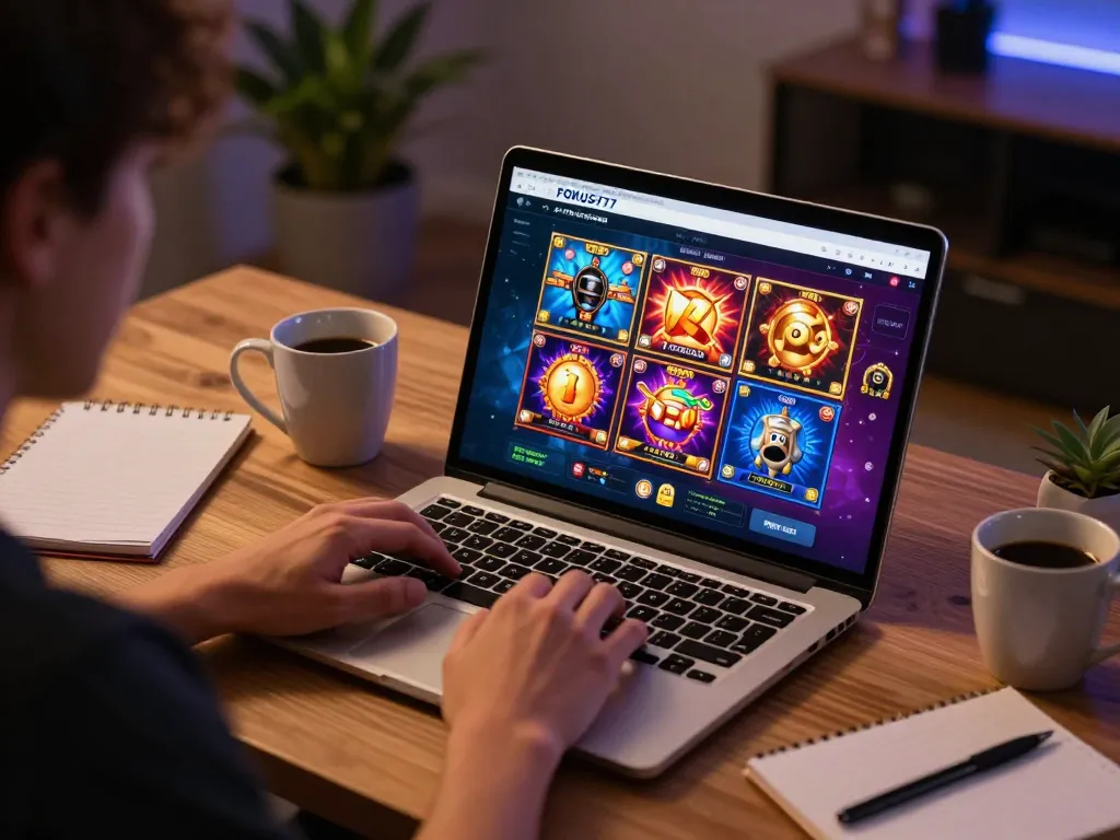 Engage in thrilling gameplay with Fokus777 login displayed on a laptop screen illuminated by soft desk lighting