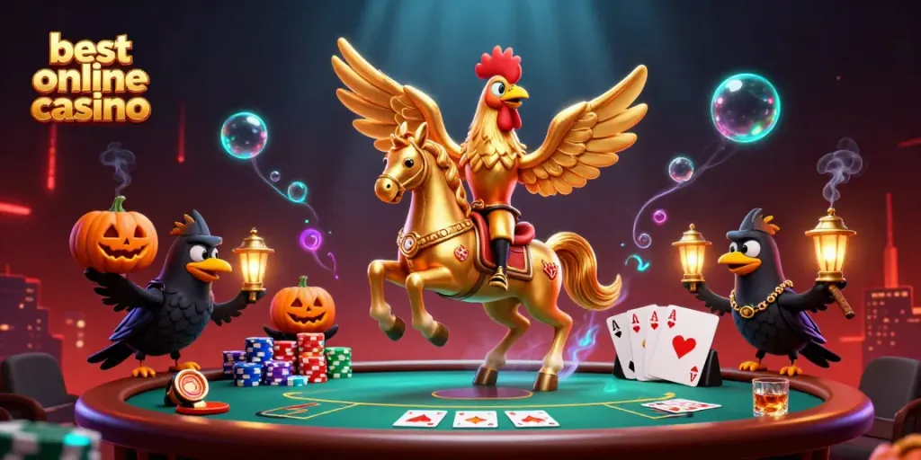 Experience thrill at the best online casino with golden rooster and spectral horse in a dynamic scene.