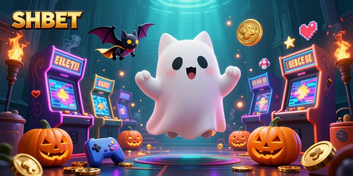 Experience thrilling gaming at SH BET with a friendly ghost cat and vampire bat in a haunted casino.