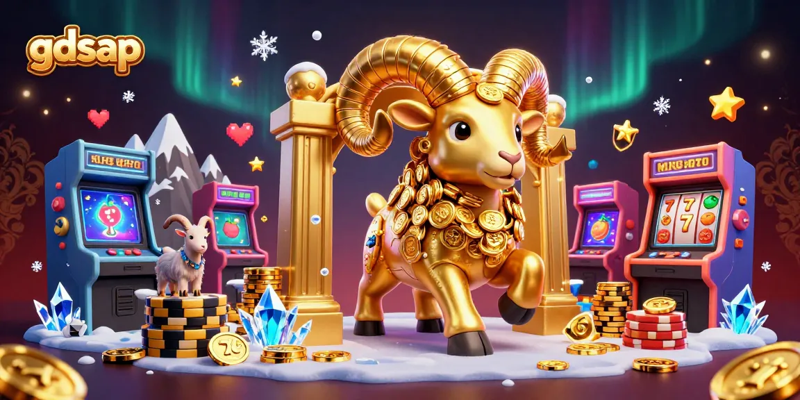 gdsap showcases a vibrant casino scene with a golden ram, arcade machines, and slot elements, embodying excitement.