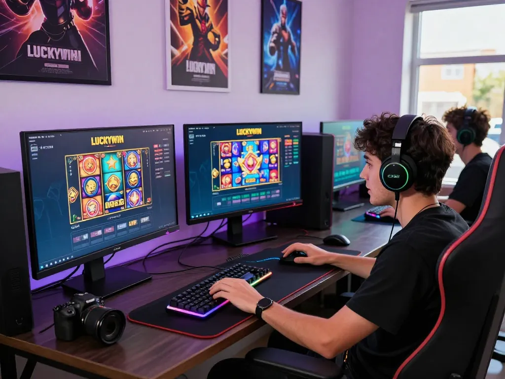 Exciting Luckywin gaming scene with player immersed in colorful online casino games.