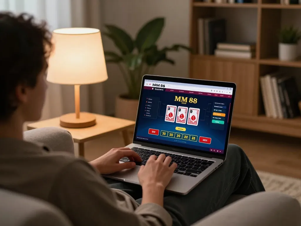 Engaging with MM 88 live dealer game on a laptop, showcasing online gambling comfort
