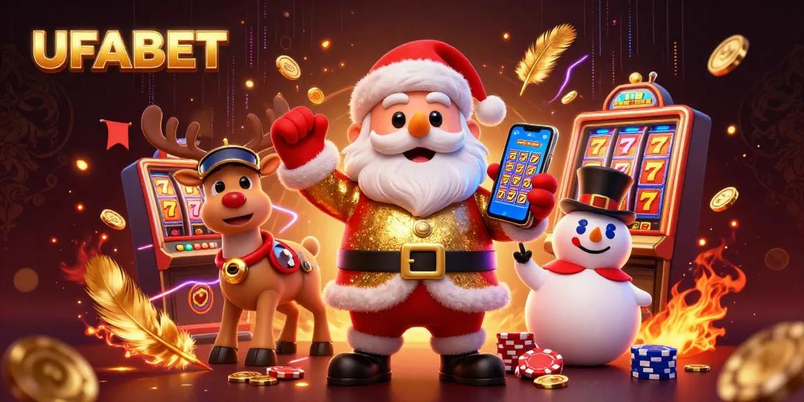 Spin the reels at UFABET with an engaging scene featuring Santa Claus and friends in a dazzling casino setting.