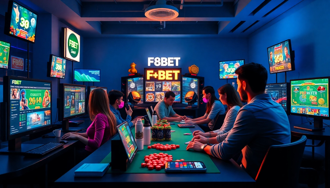 F8BET trang chủ showcasing engaging online gaming experience with diverse players enjoying casino games.