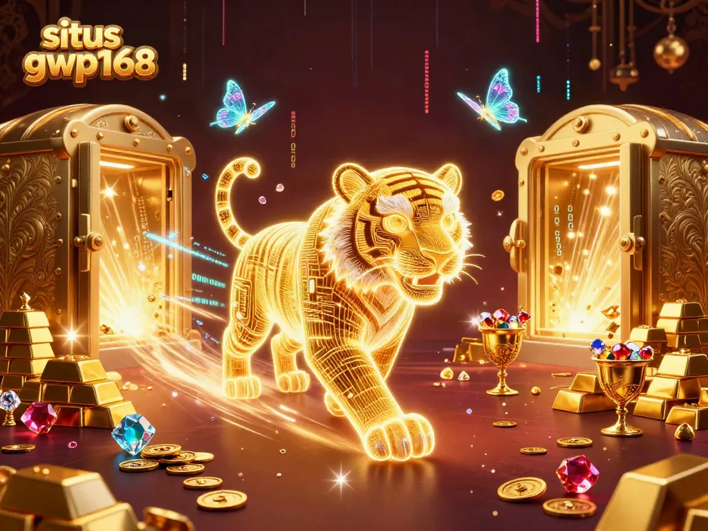 Permainan situs gwp168 dengan harimau neon dan harta karun berkilau di kasino digital.