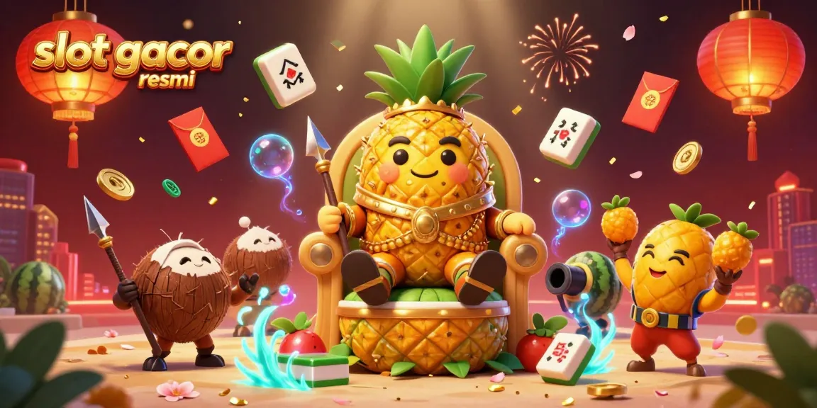 Permainan slot gacor resmi menampilkan raja nanas emas kartun di kasino pantai yang meriah.
