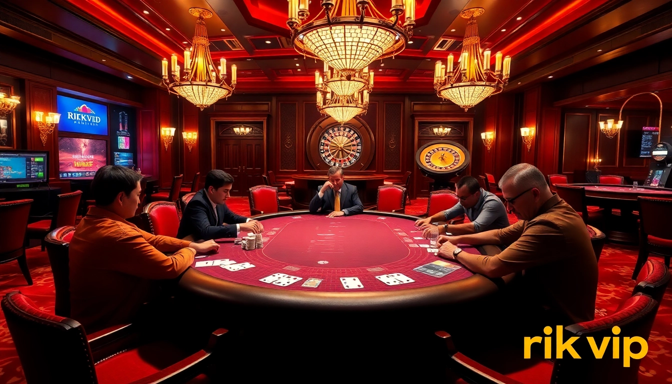 Experience high-stakes gameplay at rikvip's luxurious poker table with chips and cards.
