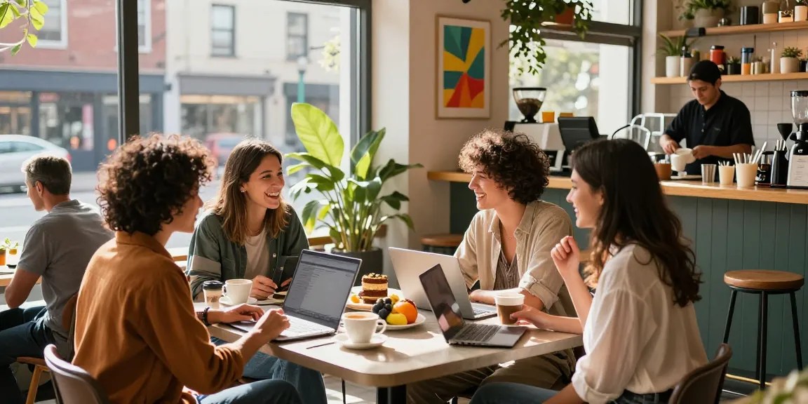 Group of friends enjoying coffee and conversation in a lively café, embodying urban lifestyle.