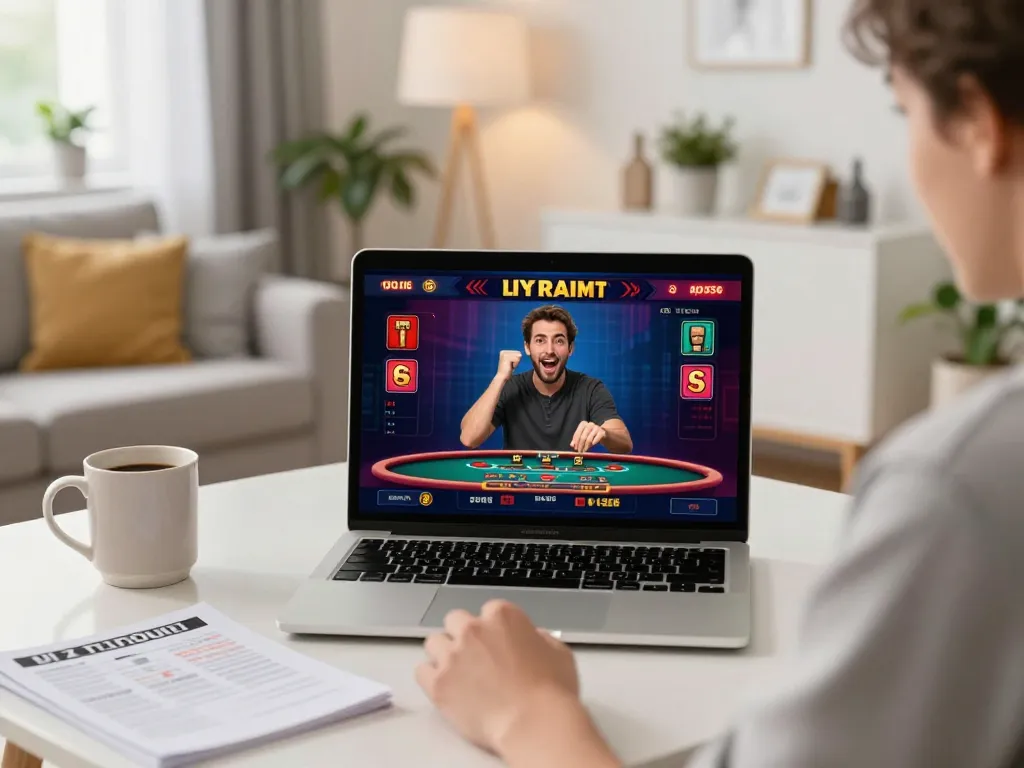 Engaging in Casino Online gameplay at home on a laptop, displaying vibrant game interface.