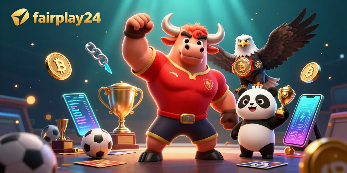 Experience ultimate victories with fairplay24, featuring a bull mascot, eagle, and joyous panda celebrating winning bets.
