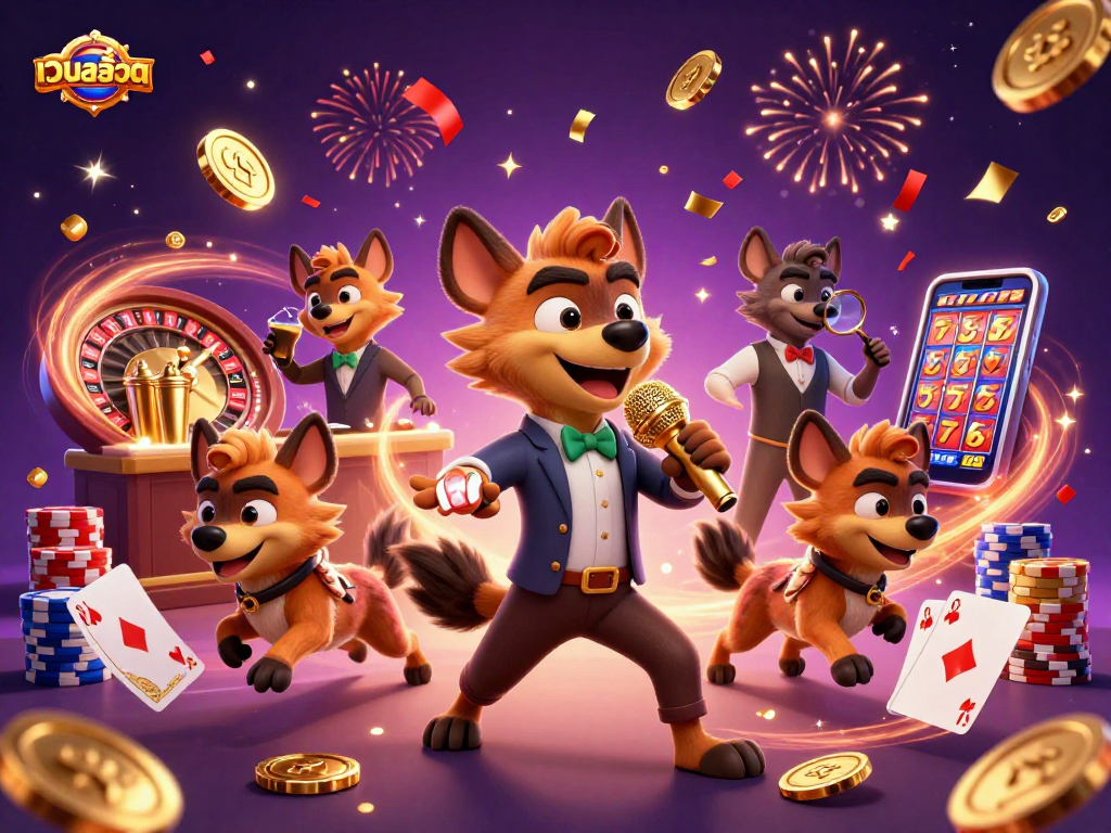Experience the excitement of เว็บสล็อต with dynamic hyenas in a comedy casino club, surrounded by coins and poker chips.