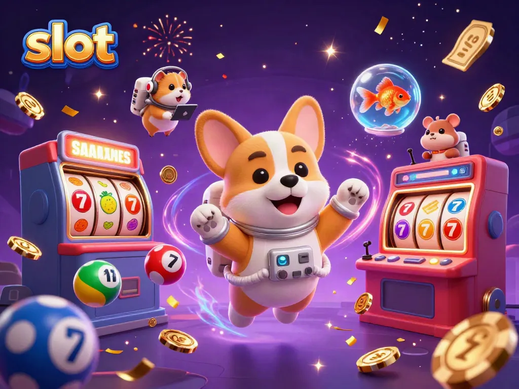 Experience thrilling slot action with a floating astronaut corgi amidst dynamic casino elements in zero gravity