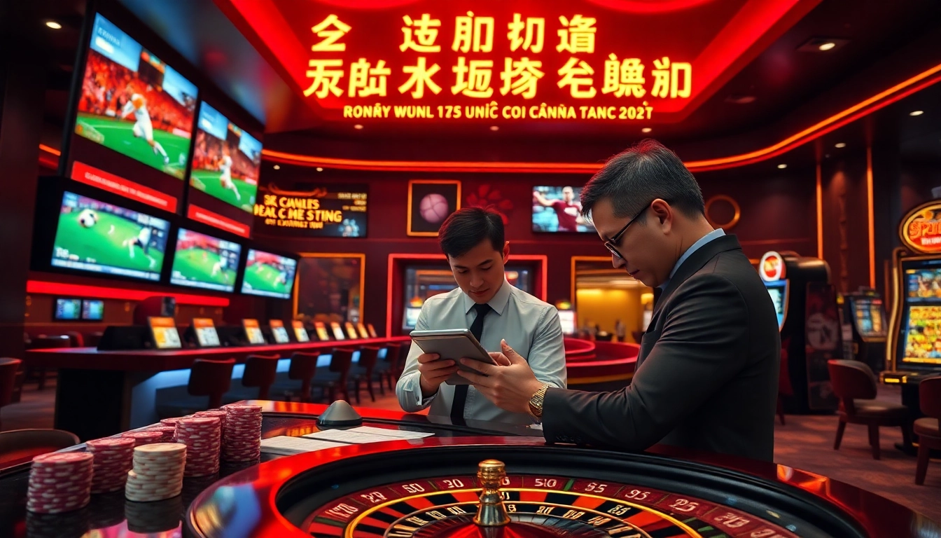 Engaged gambler placing bets at a Nhà cái cá cược thể thao counter with live sports odds screens and poker chips