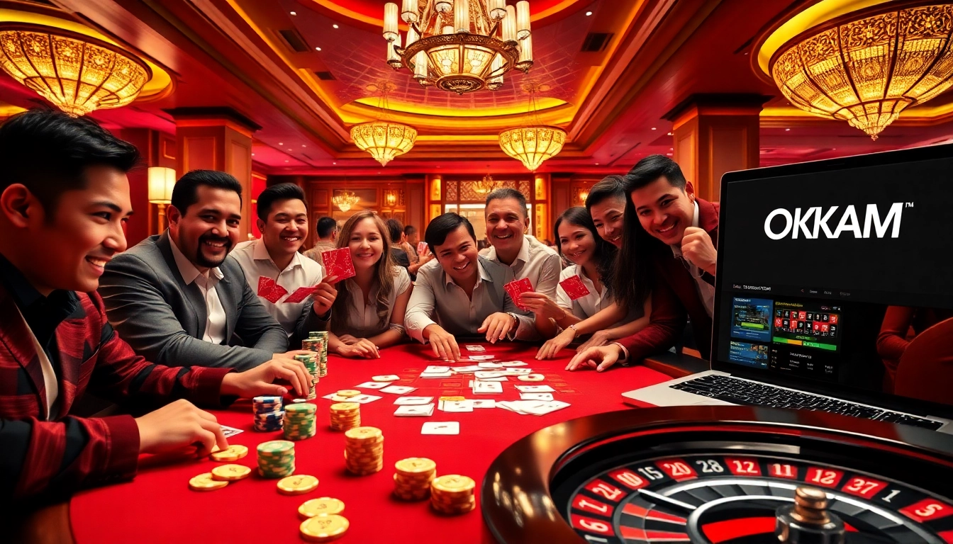 Exciting poker gameplay at OKATM casino with vibrant chips, cards, and online interface.