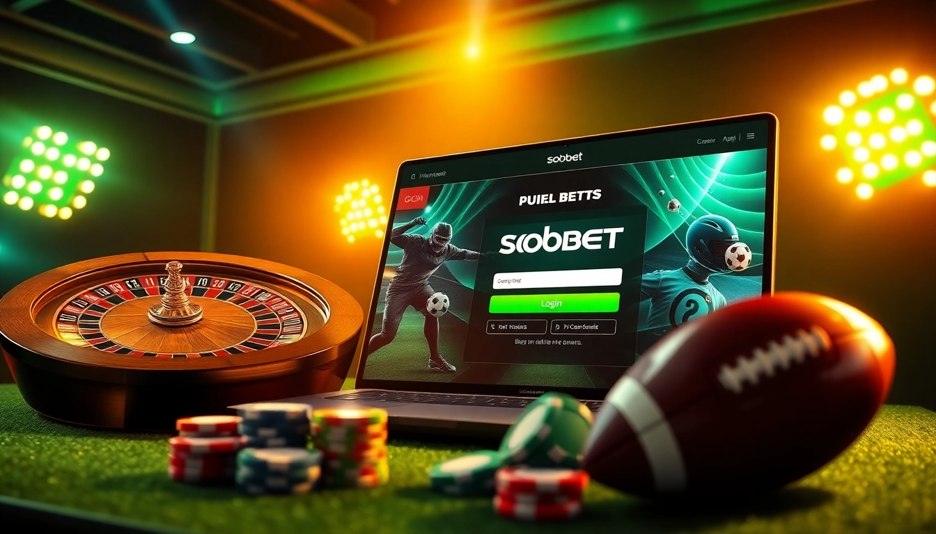 Experience the thrill of sbobet login with a luxurious online sports betting interface featuring poker chips and roulette.