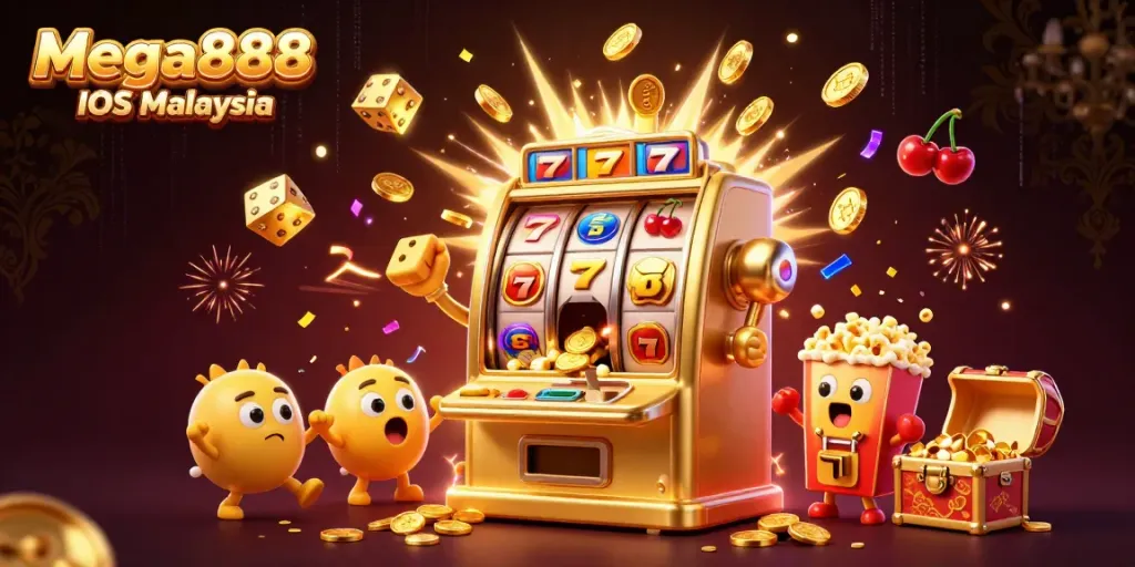 Mega888 iOS Malaysia slot machine hits the jackpot with coins bursting and cheering smaller machines, showcasing a vibrant casino scene.