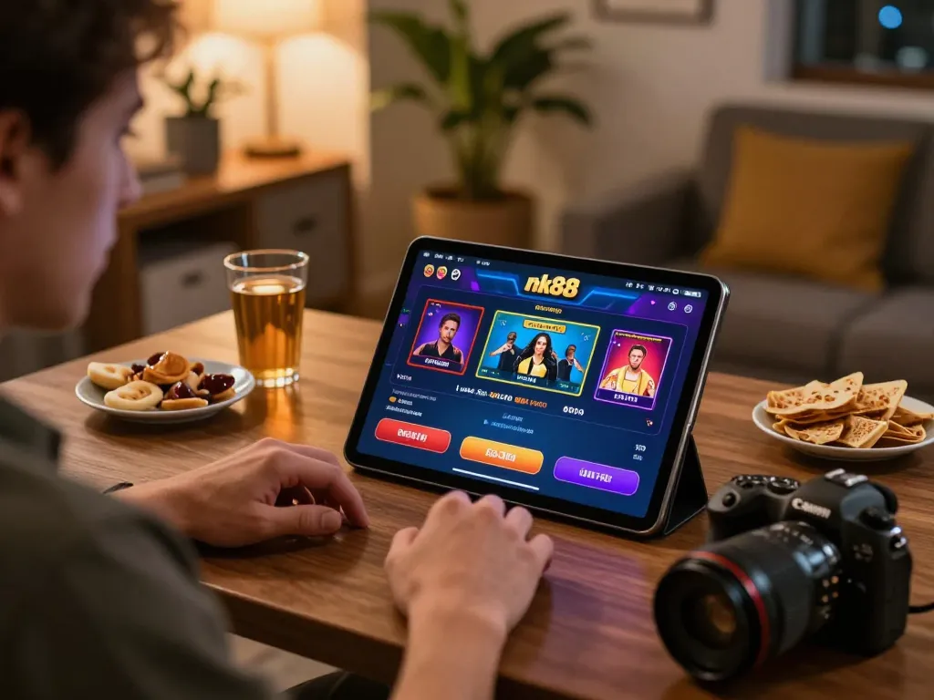 Engaging online gaming at nk88 with a player focused on tablet interactions amidst a cozy setting.