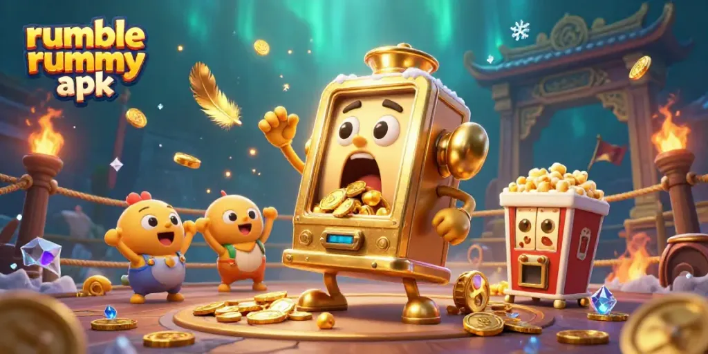 Experience the excitement of Rumble Rummy APK as a golden slot machine celebrates winning a jackpot.