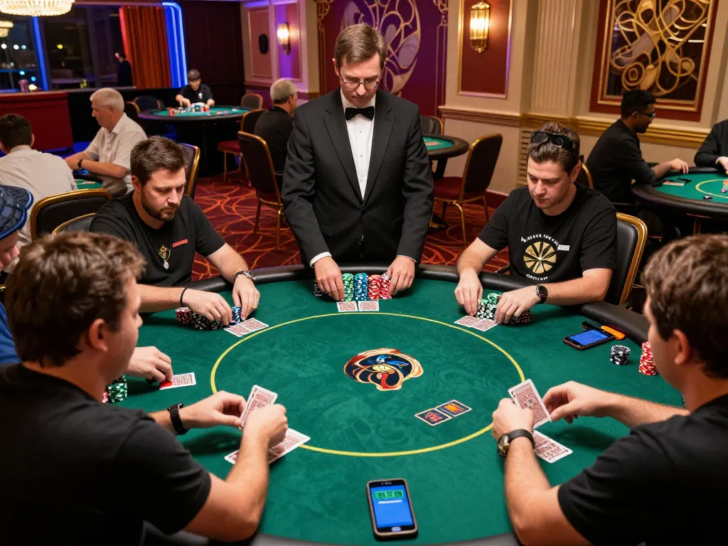 Players strategizing at a rikvip poker table during a high-stakes tournament, showcasing dynamic gameplay.