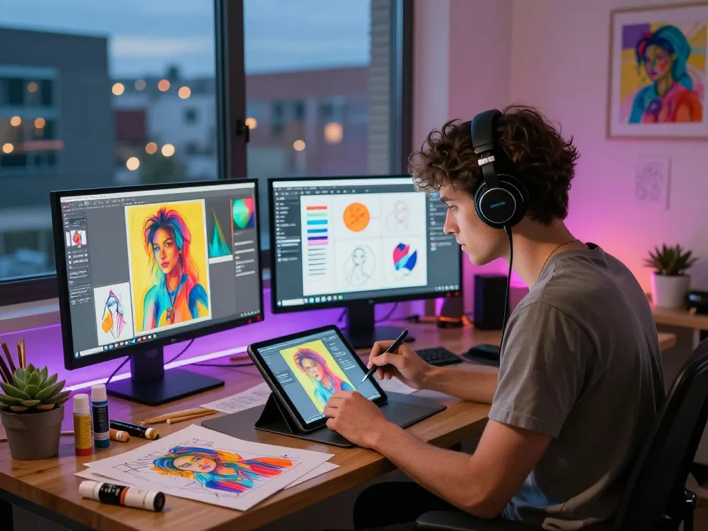 Creating captivating ai nsfw images in a vibrant digital art studio.
