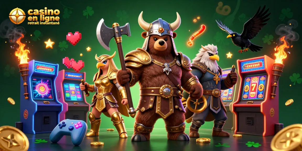 Gagnez gros au casino en ligne retrait instantané avec une scène vibrante de personnages vikings et d'éléments de jeu.