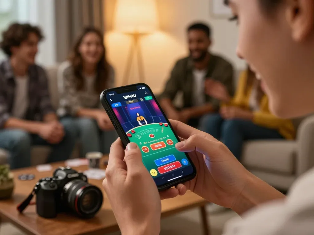 Enjoying the WIN4U APK while playing live dealer blackjack at home with friends.