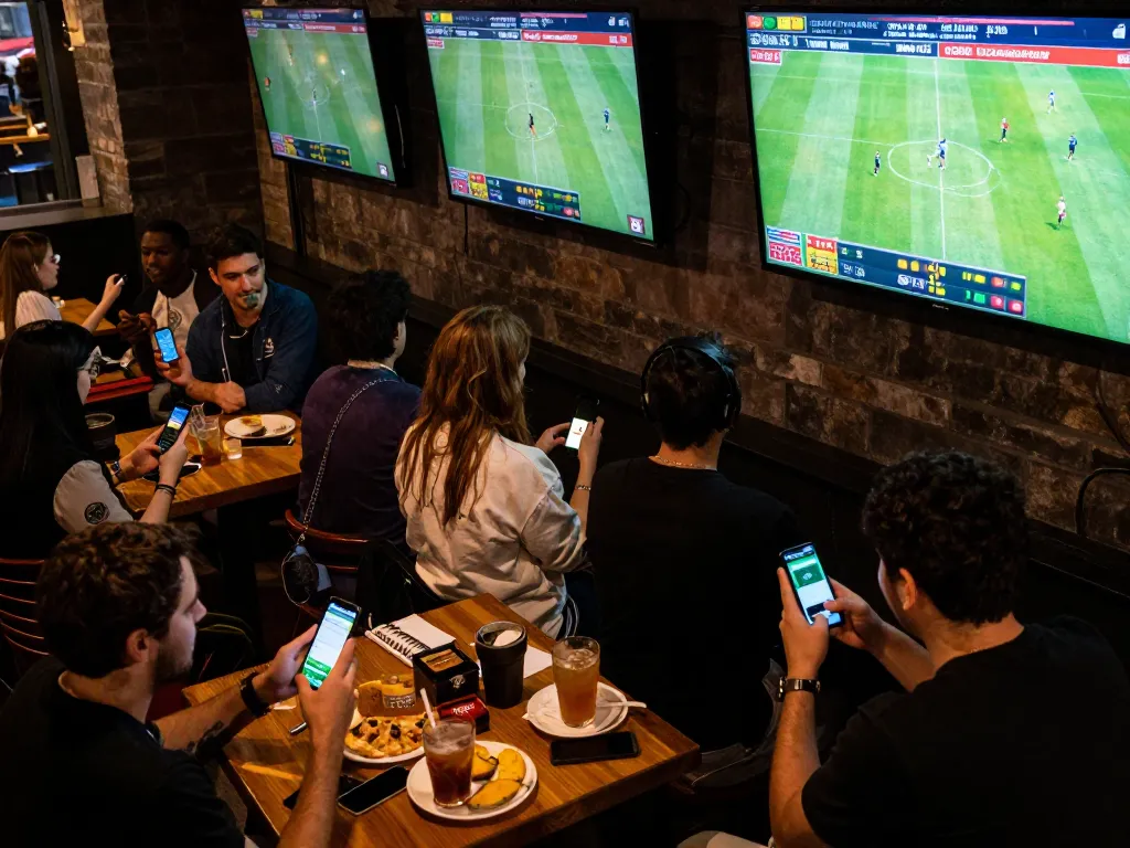 Exciting sports betting moment on Nowgoal with real-time scores and engaged bettors in a vibrant setting