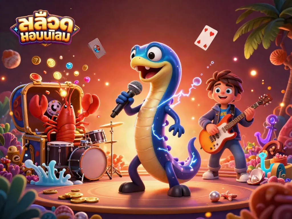 Experience excitement with สล็อตยอดนิยม featuring electric eel DJ, lobster drummer, seahorse guitarist, and floating slot elements.
