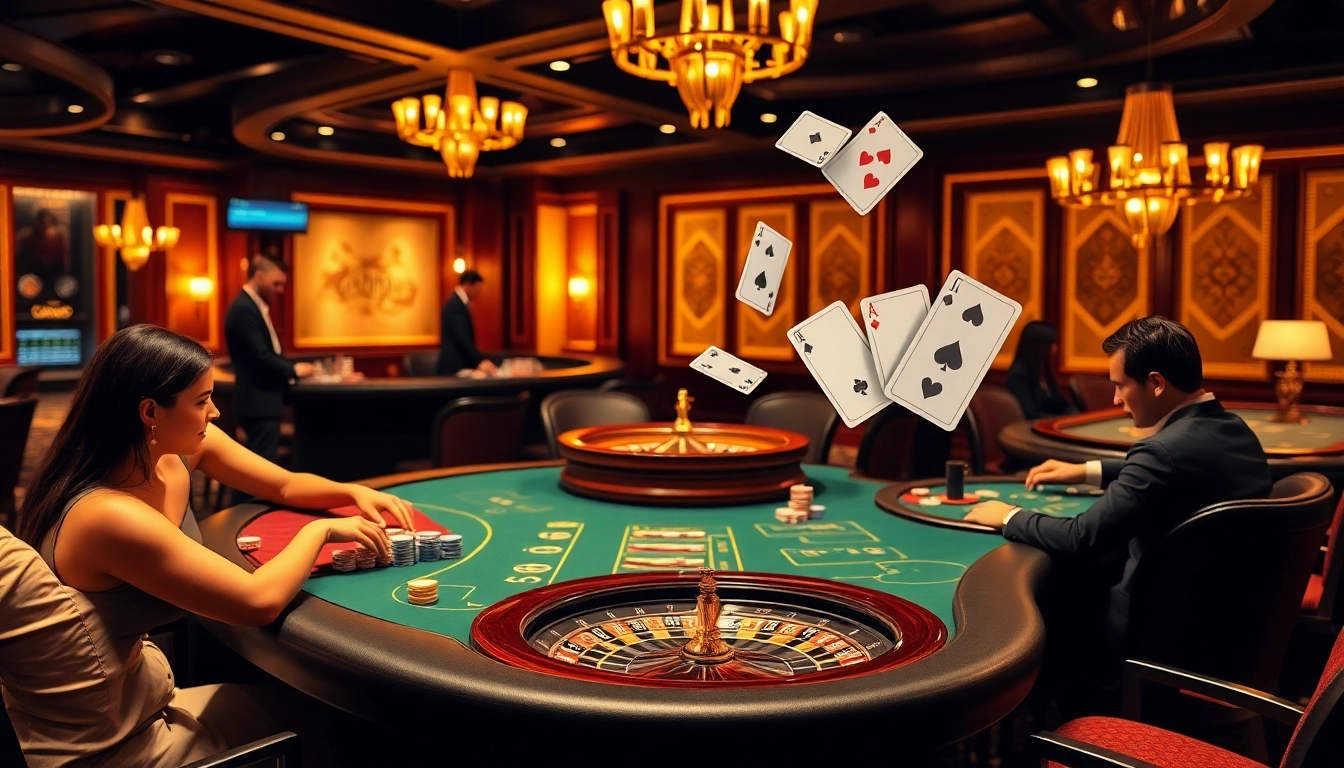 Experience the thrill of game đánh bài đổi thưởng in an elegant casino setting with vibrant poker tables.
