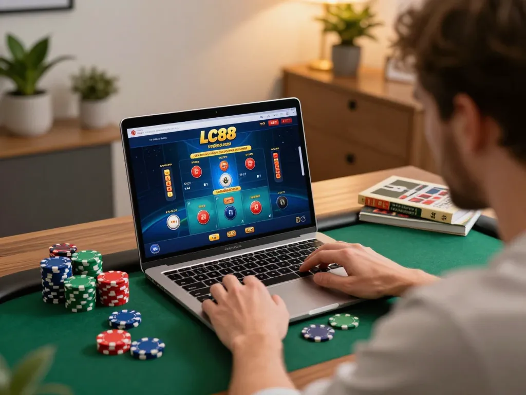 Engaging online poker action on LC88 com with colorful chips and a focused player