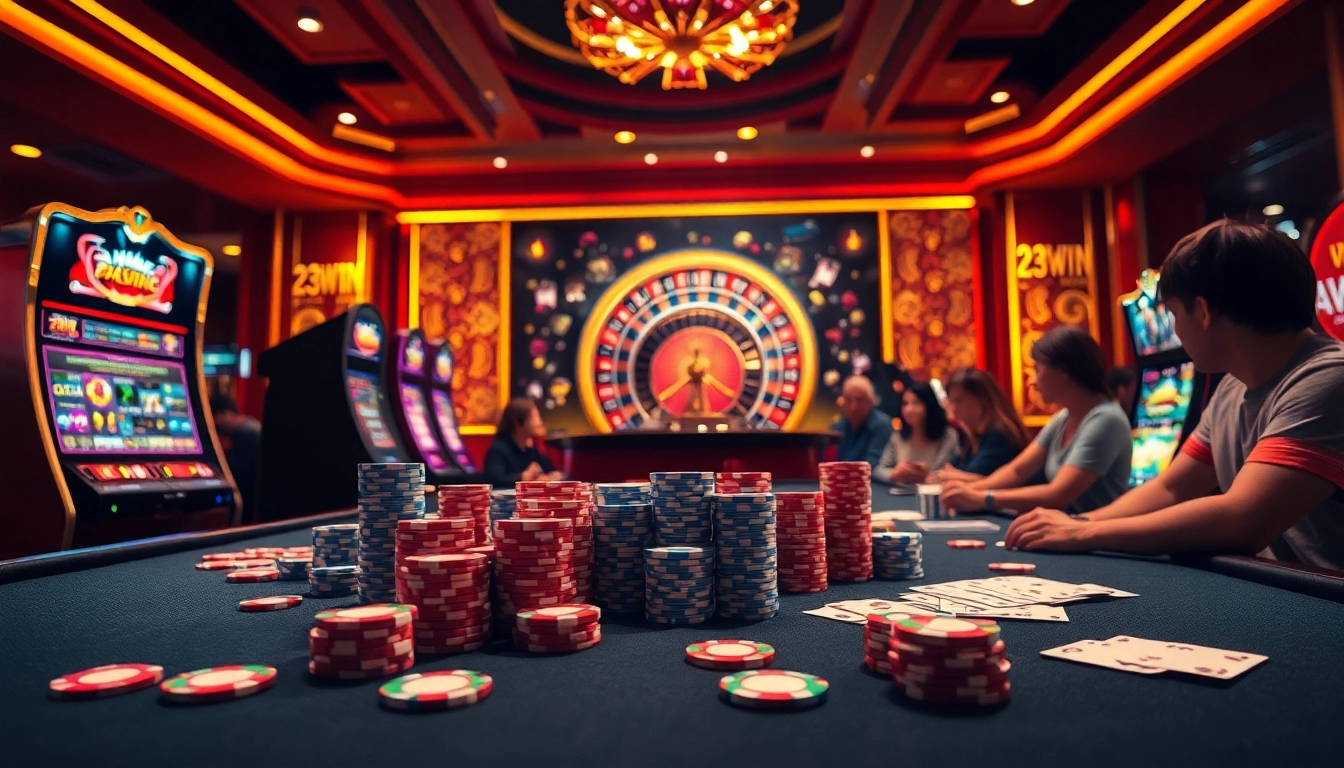 Engage with the excitement of 23win casino gaming featuring vibrant poker chips and a roulette wheel.