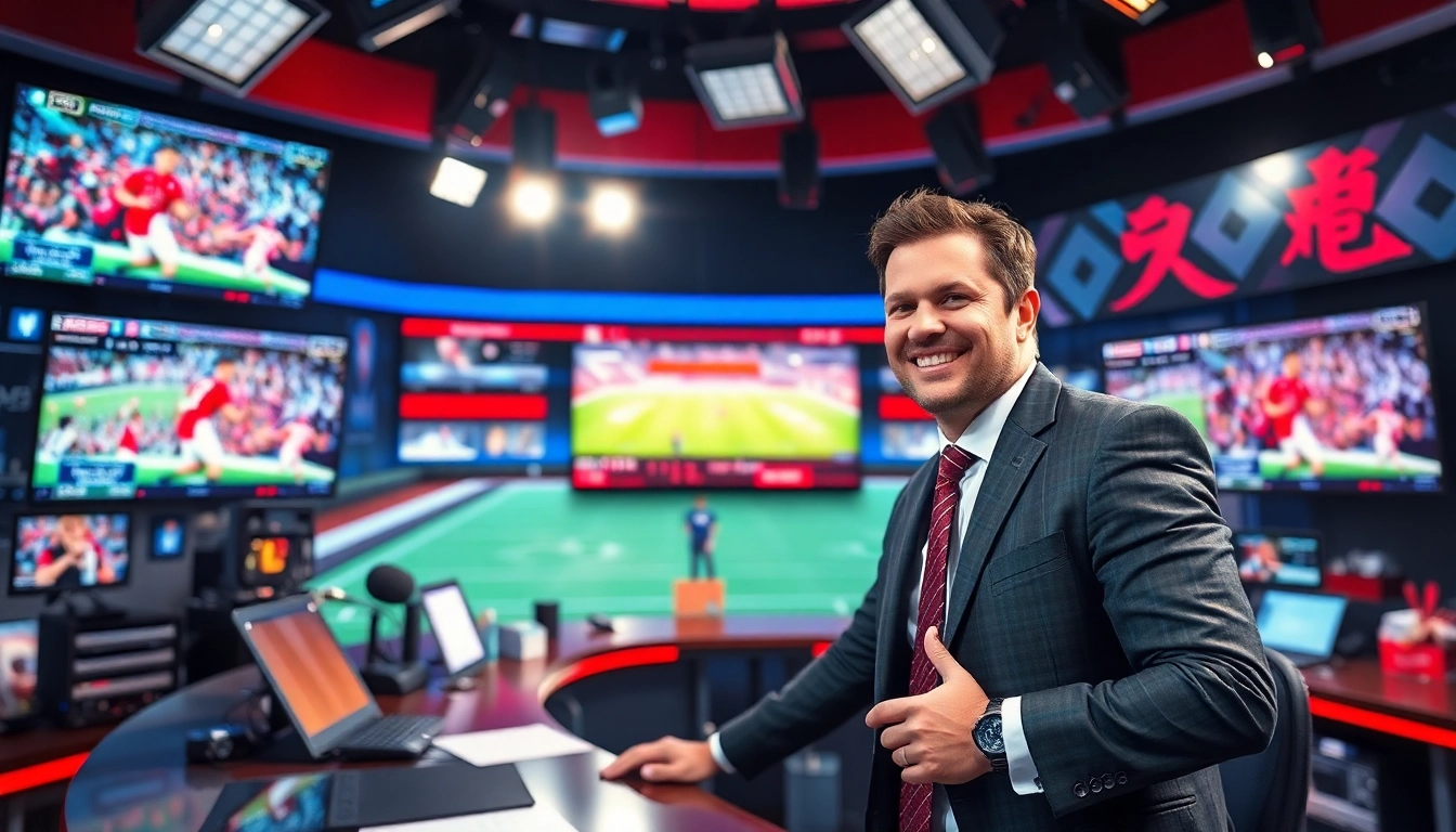 Engaging sports broadcasting scene with announcer, showcasing vibrant visuals and atmosphere.