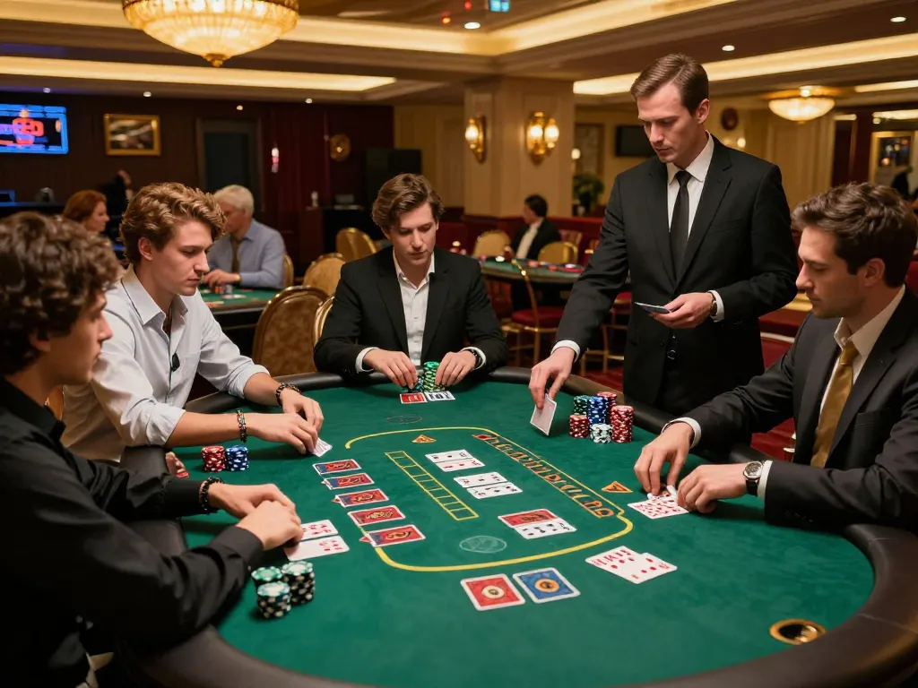 Engaged players strategizing at a non gamstop blackjack table in an upscale casino atmosphere.