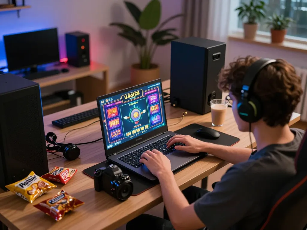Pemain yang terlibat dengan slot online menarik Ulat123 di pengaturan rumah yang nyaman dengan pencahayaan ambient