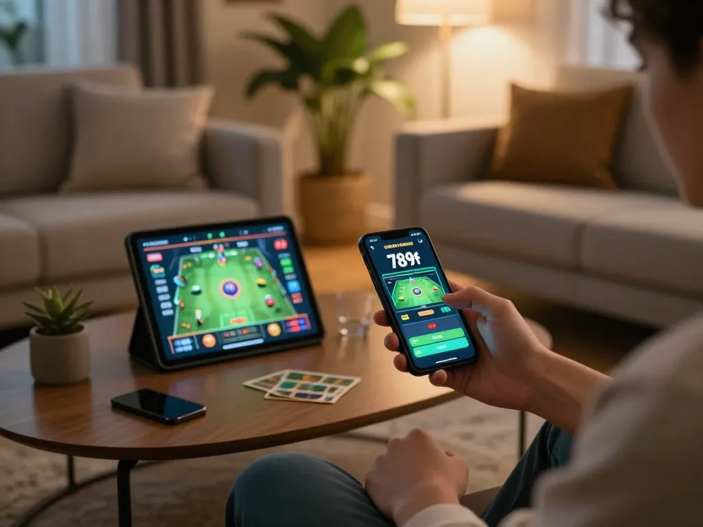 Engaging user enjoying the 789f app for online gaming in a cozy living room setting