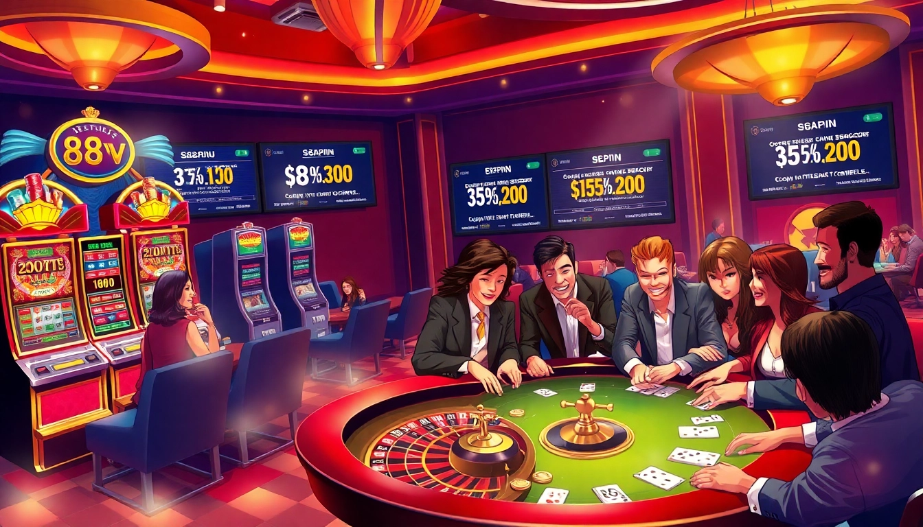 Players enjoying various games at a 88vv casino, showcasing excitement and luxury.