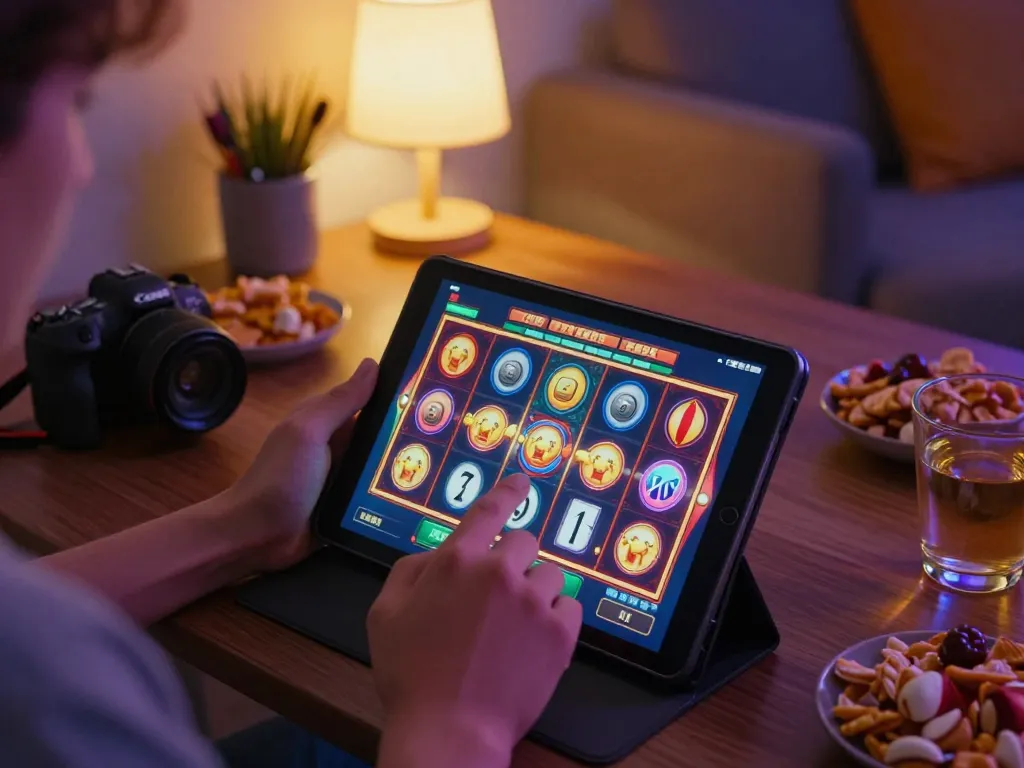 Player enjoying gincal slot games on a tablet in a cozy home setting while snacks are nearby.