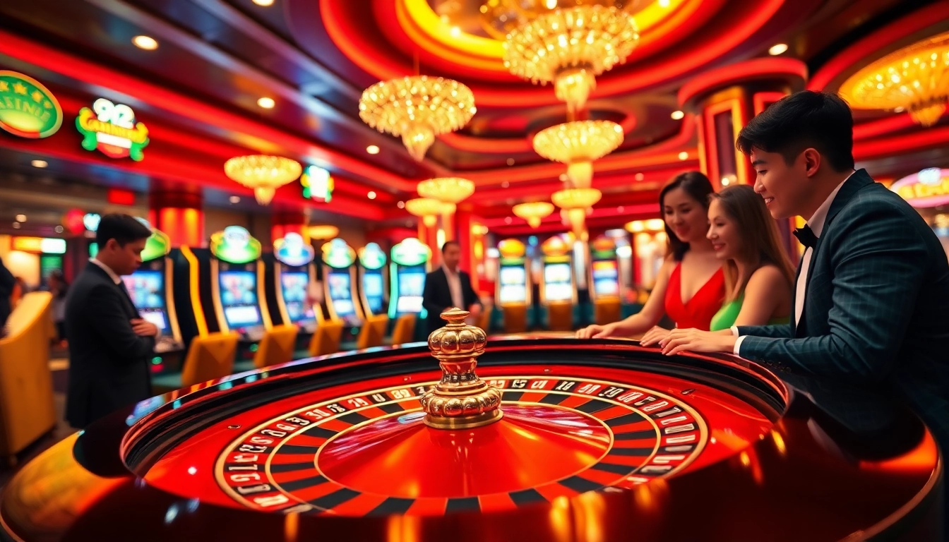 Engaging players at an online casino Singapore roulette table in a lively atmosphere.
