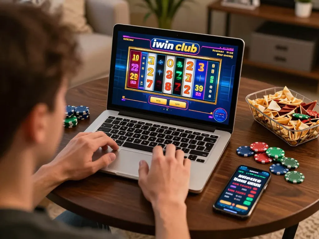 Engaging gameplay at iwin club online casino with player and slot reels.